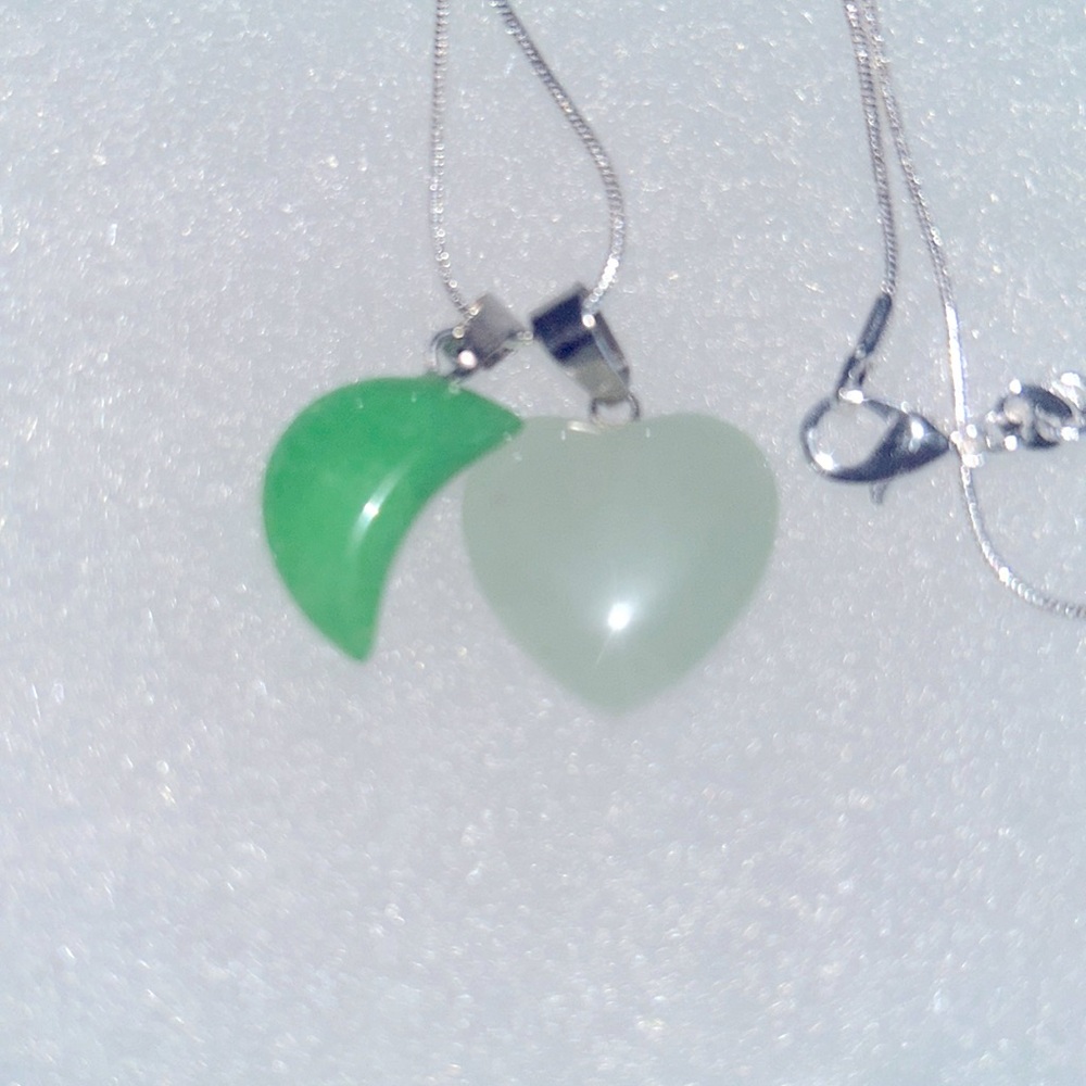 Jade Crystal Heart ❤️ and Jade moon sterling silver 16” necklace